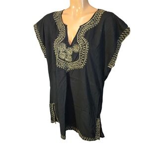 Raviya Womens Tunic Top Black Size Large Gold Embroidered Cotton Cover Up
